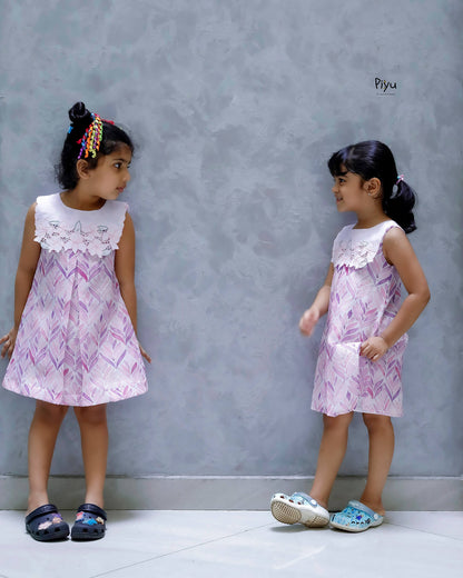 Linen Hakoba Frock: Scalloped Cutwork Box Pleat Dress-Purple & Pink.
