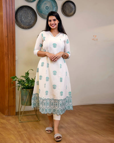 Kora Cotton Kurti: Hand Block Printed with Elegant Lace-Blue