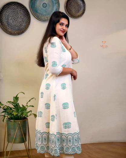Kora Cotton Kurti: Hand Block Printed with Elegant Lace