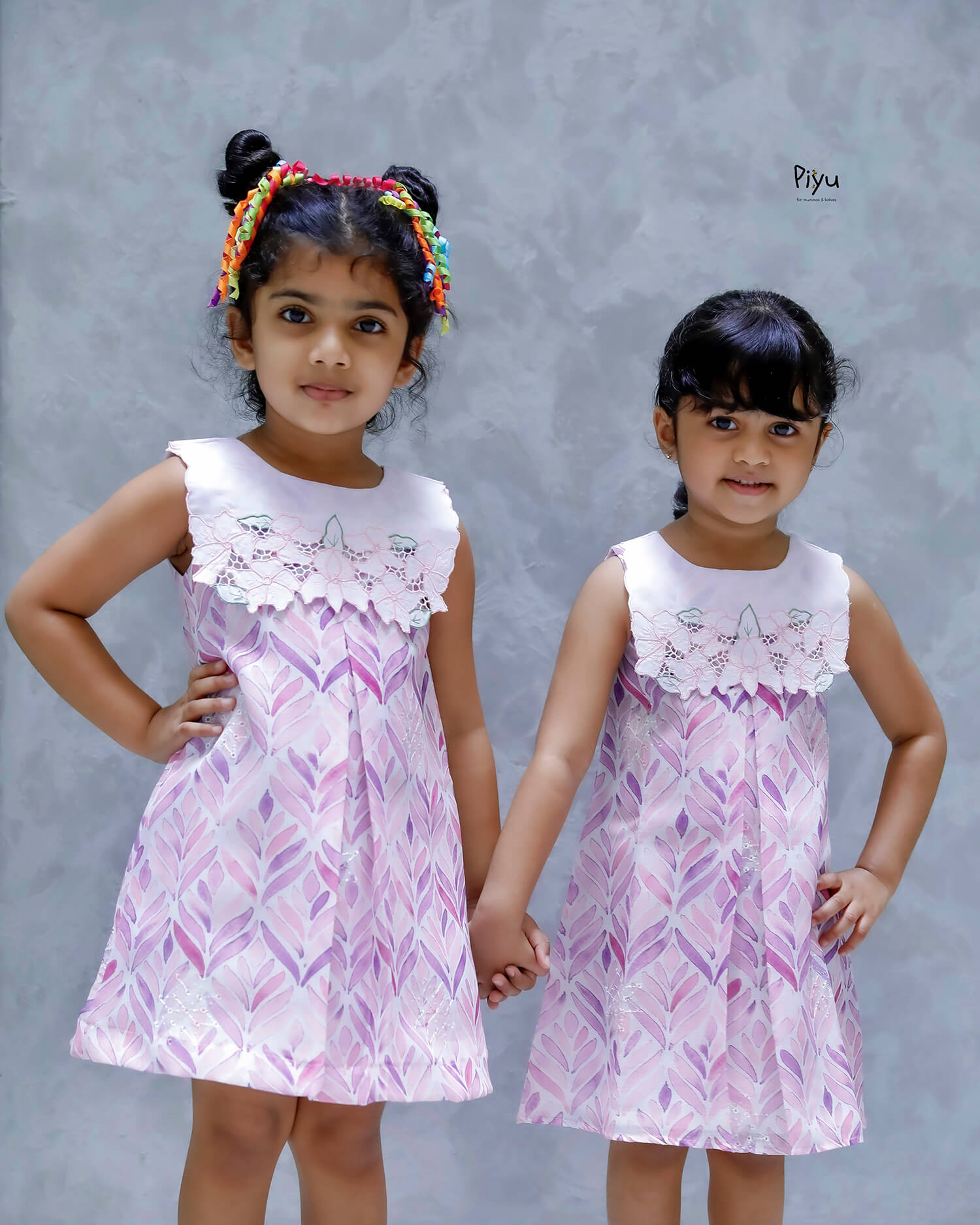 Linen Hakoba Frock: Scalloped Cutwork Box Pleat Dress-Purple & Pink.