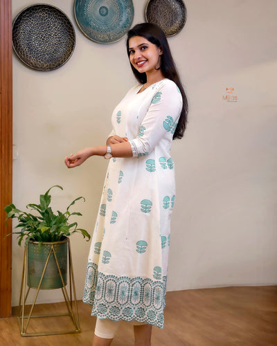 Kora Cotton Kurti: Hand Block Printed with Elegant Lace-Blue