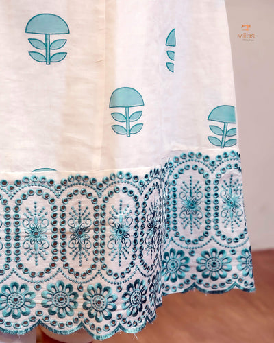 Kora Cotton Kurti: Hand Block Printed with Elegant Lace-Blue