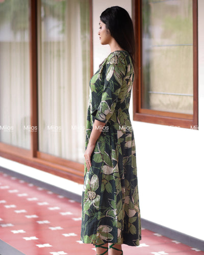 Kantha Cotton Panel Kurti | Beaded Neckline + Slit Sleeves | Bottle Green