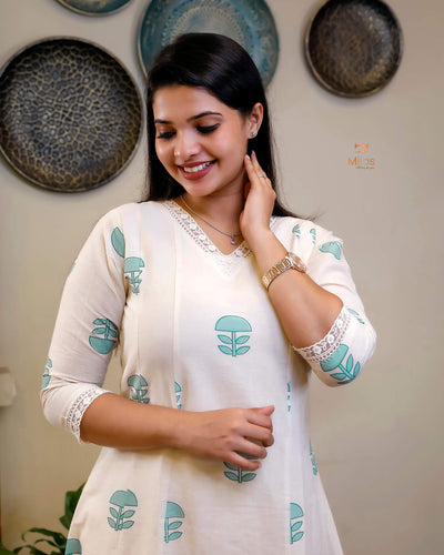 Kora Cotton Kurti: Hand Block Printed with Elegant Lace-Blue