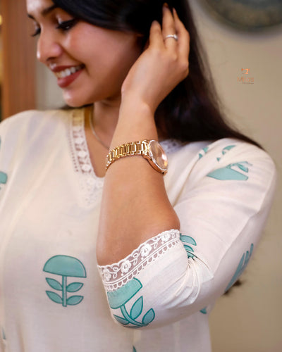 Kora Cotton Kurti: Hand Block Printed with Elegant Lace-Blue