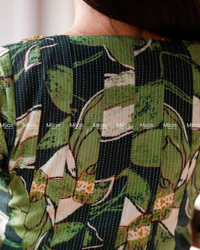 Kantha Cotton Panel Kurti | Beaded Neckline + Slit Sleeves | Bottle Green