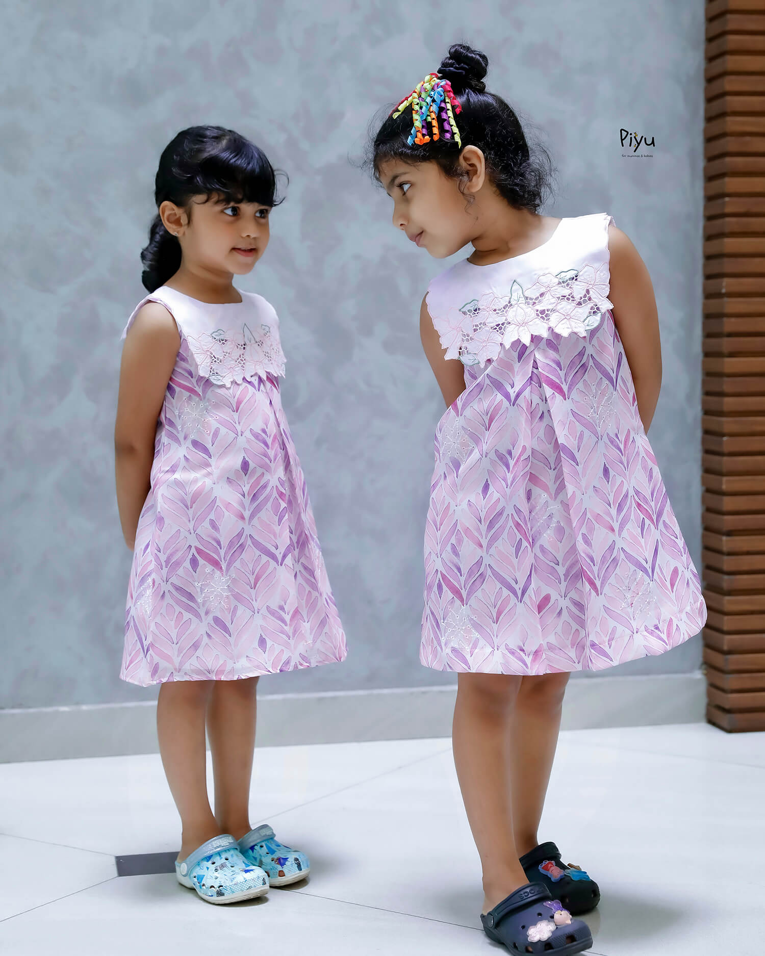 Linen Hakoba Frock: Scalloped Cutwork Box Pleat Dress-Purple & Pink.