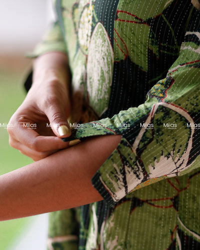 Kantha Cotton Panel Kurti | Beaded Neckline + Slit Sleeves | Bottle Green