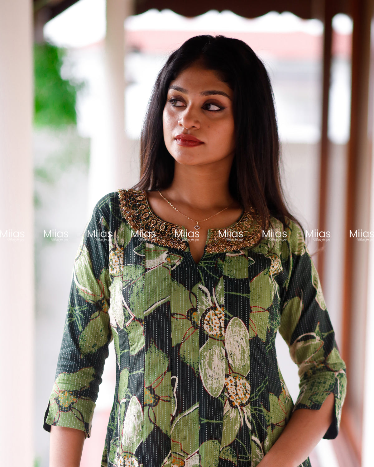 Kantha Cotton Panel Kurti | Beaded Neckline + Slit Sleeves | Bottle Green