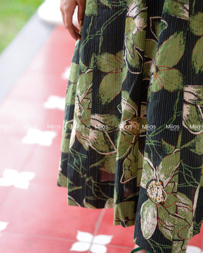 Kantha Cotton Panel Kurti | Beaded Neckline + Slit Sleeves | Bottle Green