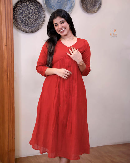 Embroidered Mul Chanderi Alia Kurti | Lined & Appliqué-Chilly Red
