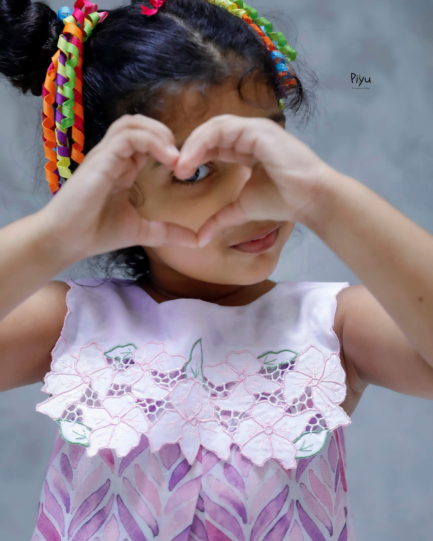 Linen Hakoba Frock: Scalloped Cutwork Box Pleat Dress-Purple & Pink.