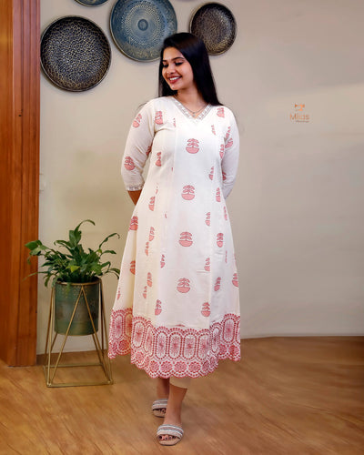 Kora Cotton Kurti: Hand Block Printed with Elegant Lace-Pink