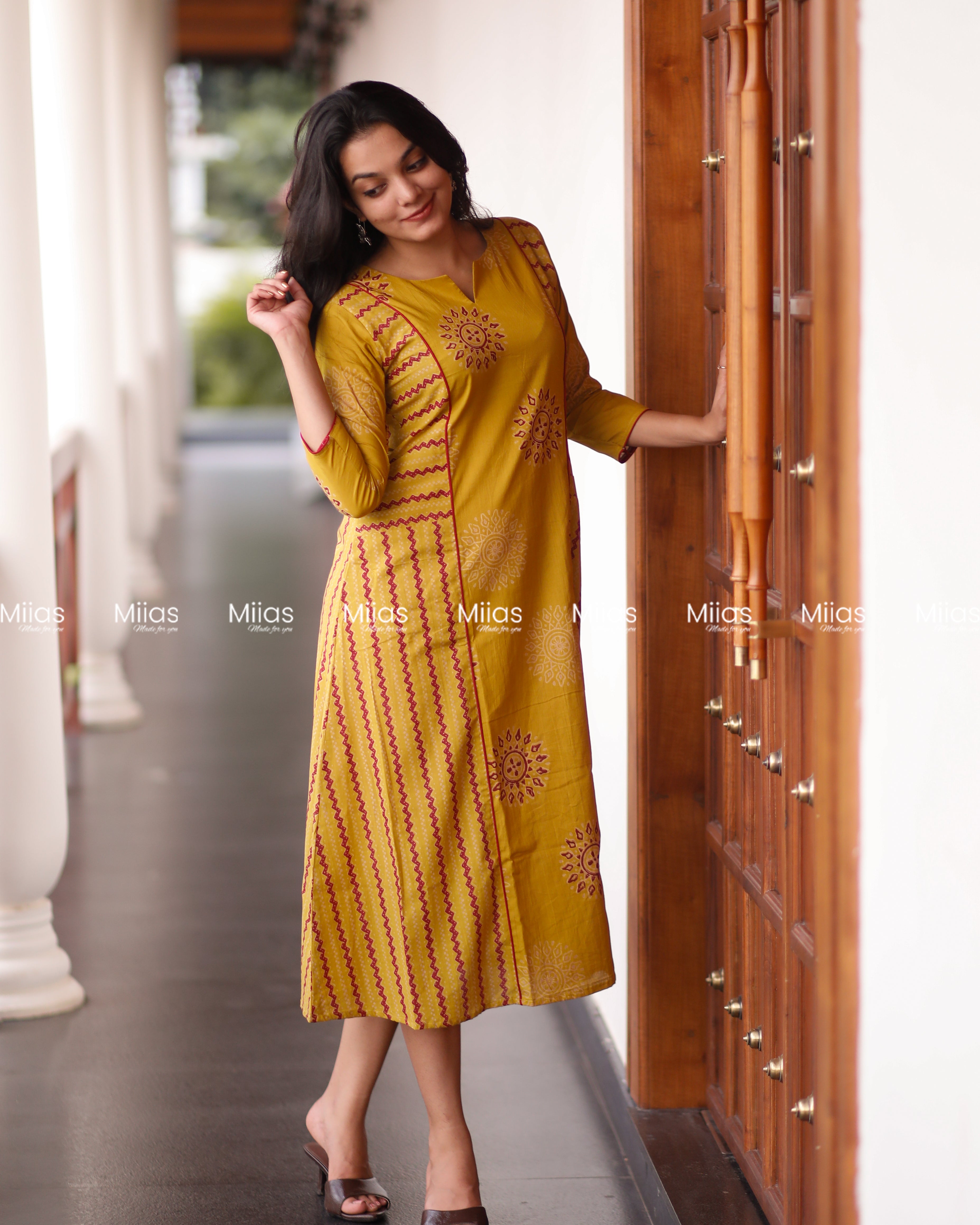 South Cotton 3-Panel Dress Kurti | Pockets + Piping Detail | Mustard Yellow