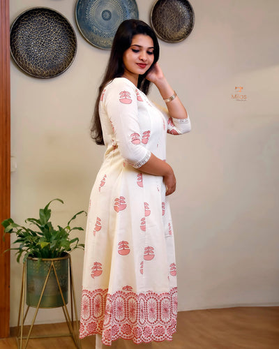 Kora Cotton Kurti: Hand Block Printed with Elegant Lace-Pink