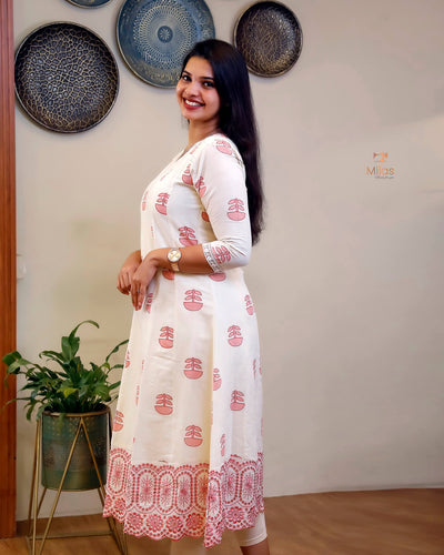 Kora Cotton Kurti: Hand Block Printed with Elegant Lace-Pink