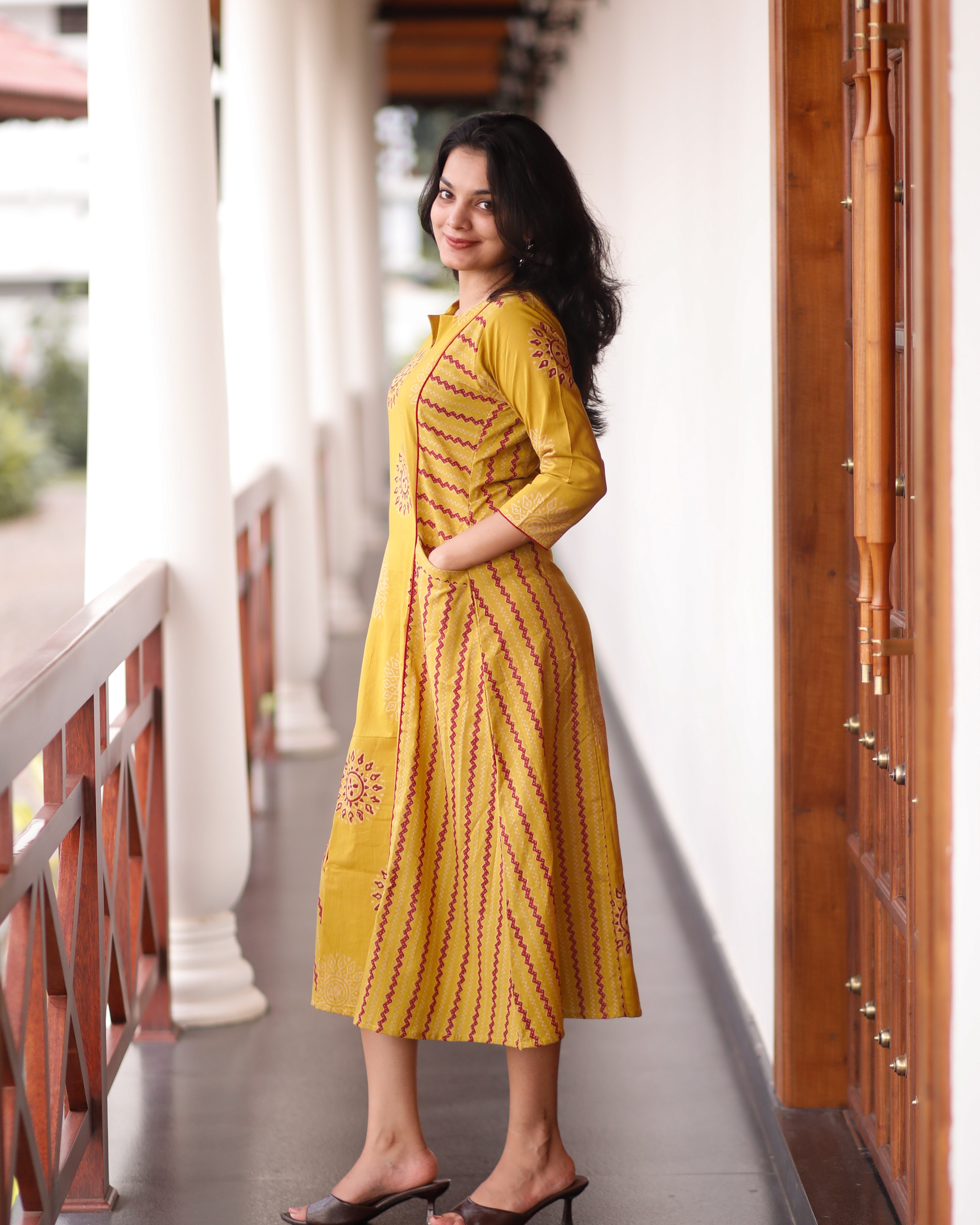 South Cotton 3-Panel Dress Kurti | Pockets + Piping Detail | Mustard Yellow