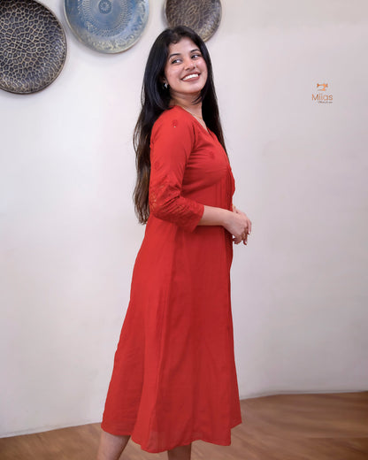Embroidered Mul Chanderi Alia Kurti | Lined & Appliqué-Chilly Red