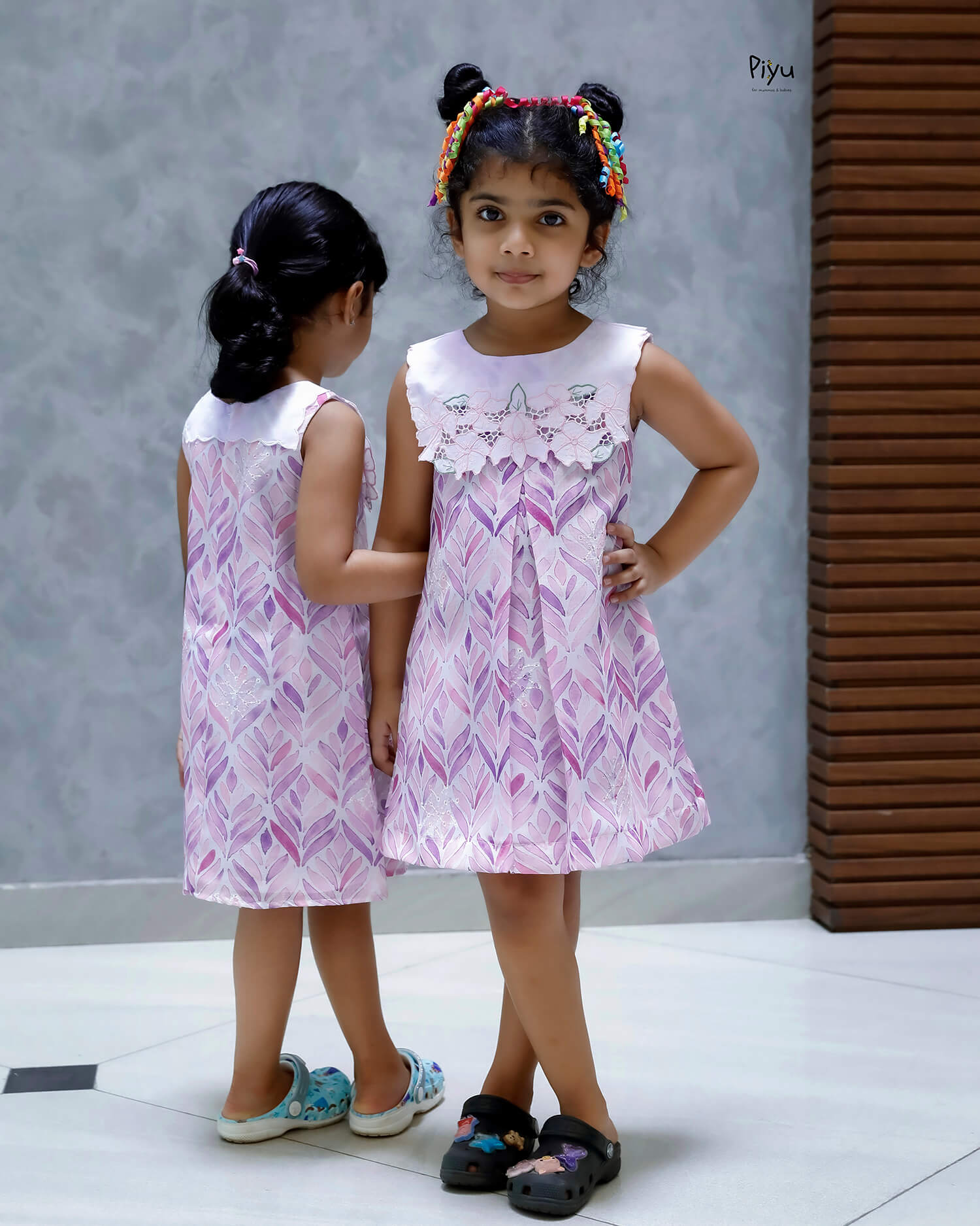 Linen Hakoba Frock: Scalloped Cutwork Box Pleat Dress-Purple & Pink.