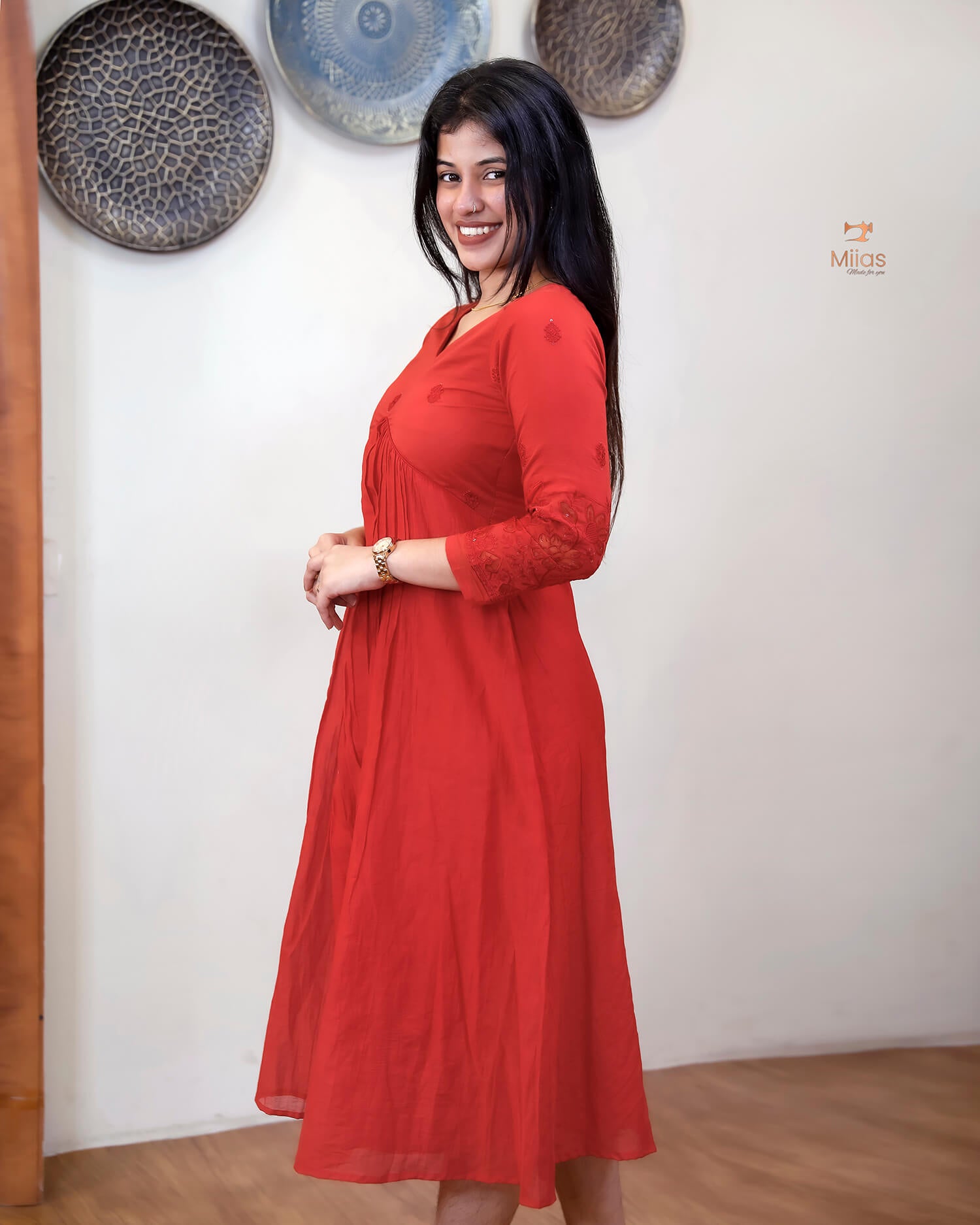 Embroidered Mul Chanderi Alia Kurti | Lined & Appliqué-Chilly Red
