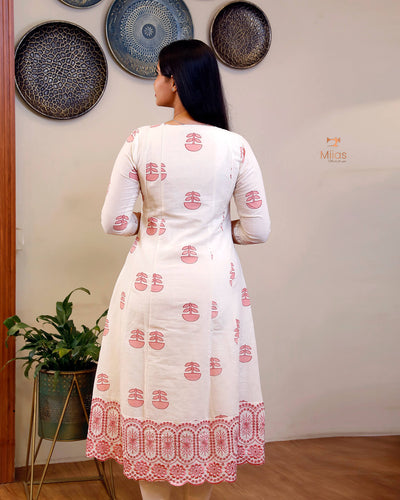 Kora Cotton Kurti: Hand Block Printed with Elegant Lace-Pink