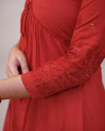 Embroidered Mul Chanderi Alia Kurti | Lined & Appliqué-Chilly Red