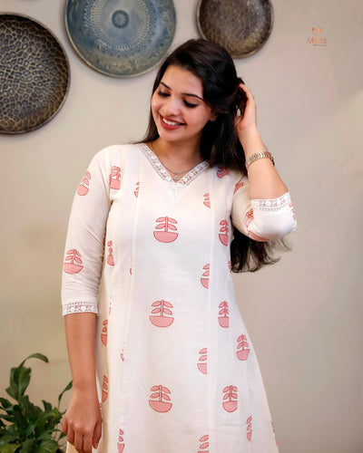 Kora Cotton Kurti: Hand Block Printed with Elegant Lace-Pink