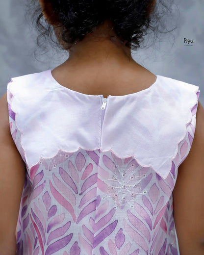 Linen Hakoba Frock: Scalloped Cutwork Box Pleat Dress-Purple & Pink.
