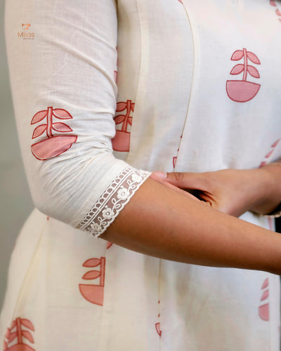Kora Cotton Kurti: Hand Block Printed with Elegant Lace-Pink