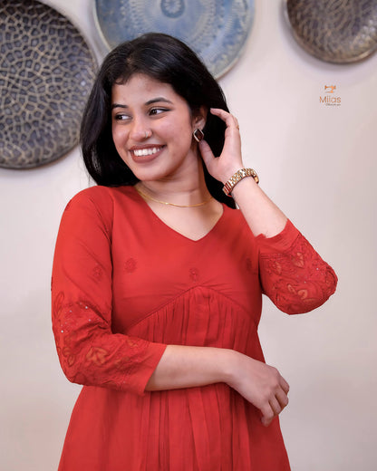 Embroidered Mul Chanderi Alia Kurti | Lined & Appliqué-Chilly Red