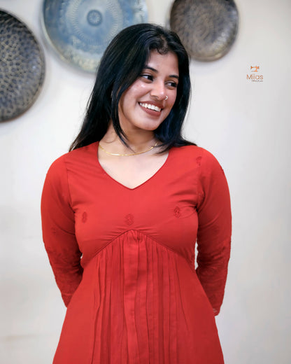 Embroidered Mul Chanderi Alia Kurti | Lined & Appliqué-Chilly Red