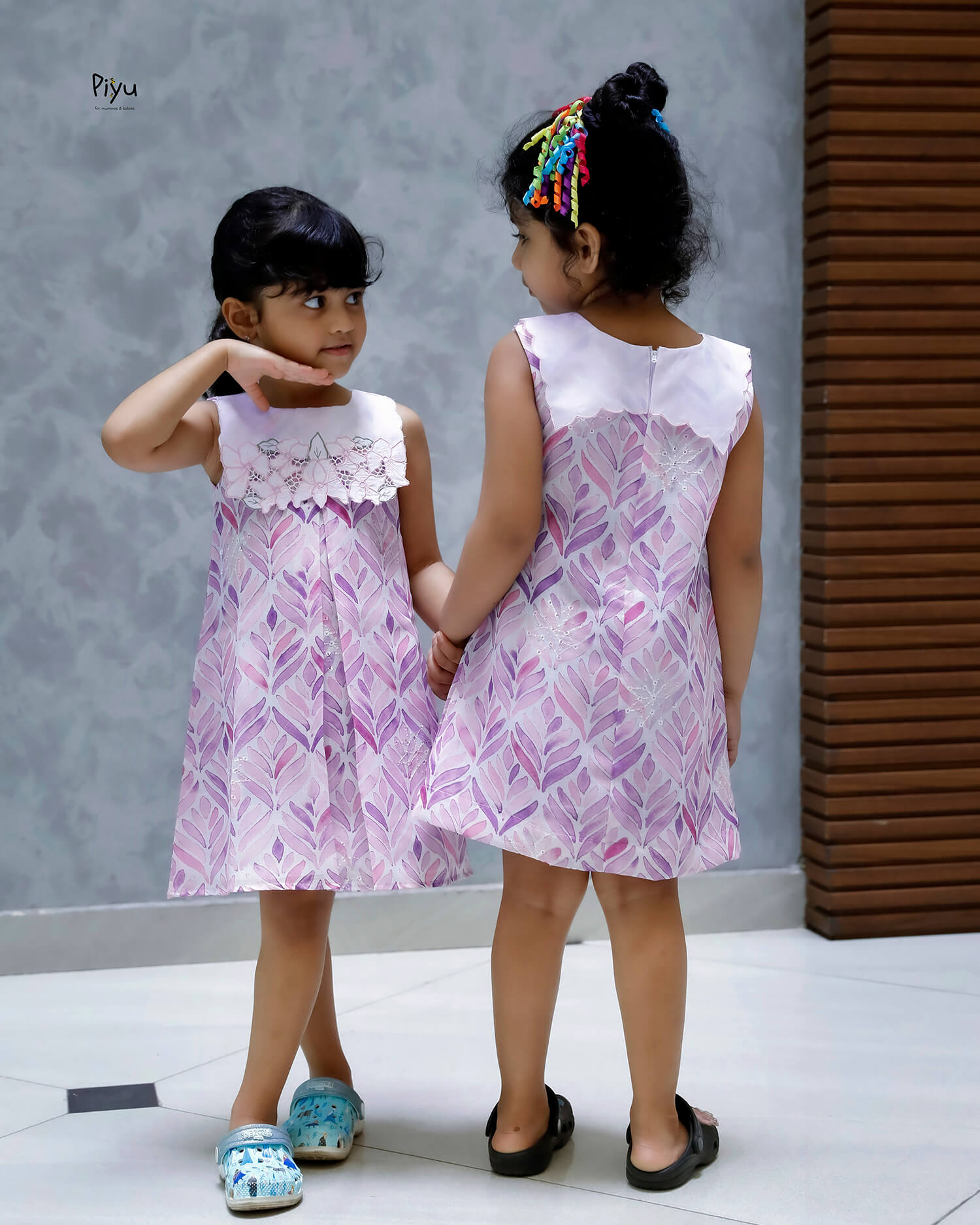 Linen Hakoba Frock: Scalloped Cutwork Box Pleat Dress-Purple & Pink.