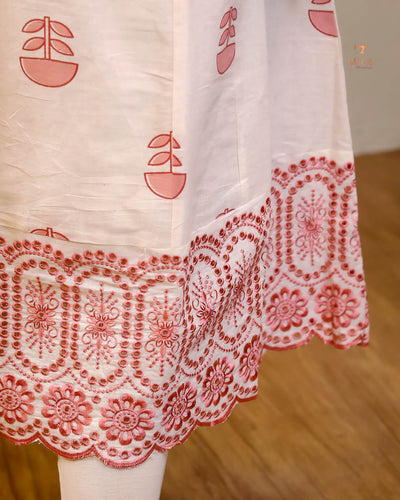 Kora Cotton Kurti: Hand Block Printed with Elegant Lace-Pink