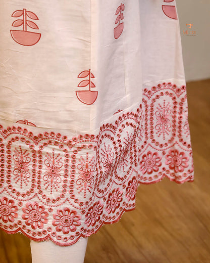 Kora Cotton Kurti: Hand Block Printed with Elegant Lace