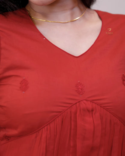 Embroidered Mul Chanderi Alia Kurti | Lined & Appliqué-Chilly Red