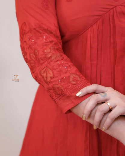 Embroidered Mul Chanderi Alia Kurti | Lined & Appliqué-Chilly Red
