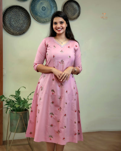 Pure Mul Cotton Kurti | Embroidered & Sequined Panels-Pink