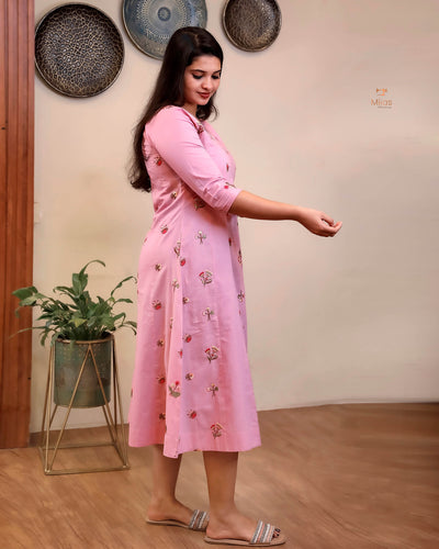 Pure Mul Cotton Kurti | Embroidered & Sequined Panels-Pink