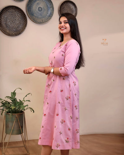 Pure Mul Cotton Kurti | Embroidered & Sequined Panels-Pink