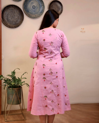 Pure Mul Cotton Kurti | Embroidered & Sequined Panels-Pink