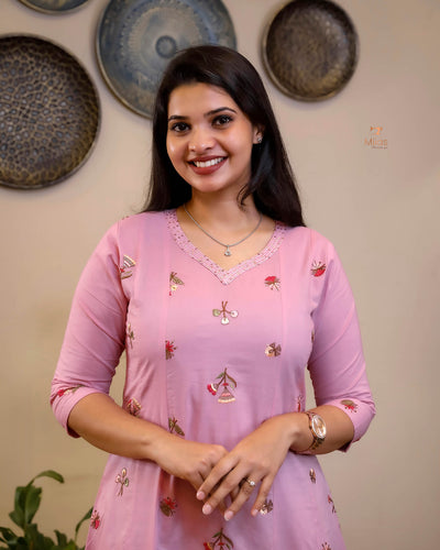 Pure Mul Cotton Kurti | Embroidered & Sequined Panels-Pink