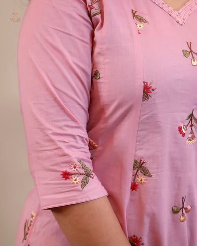 Pure Mul Cotton Kurti | Embroidered & Sequined Panels-Pink