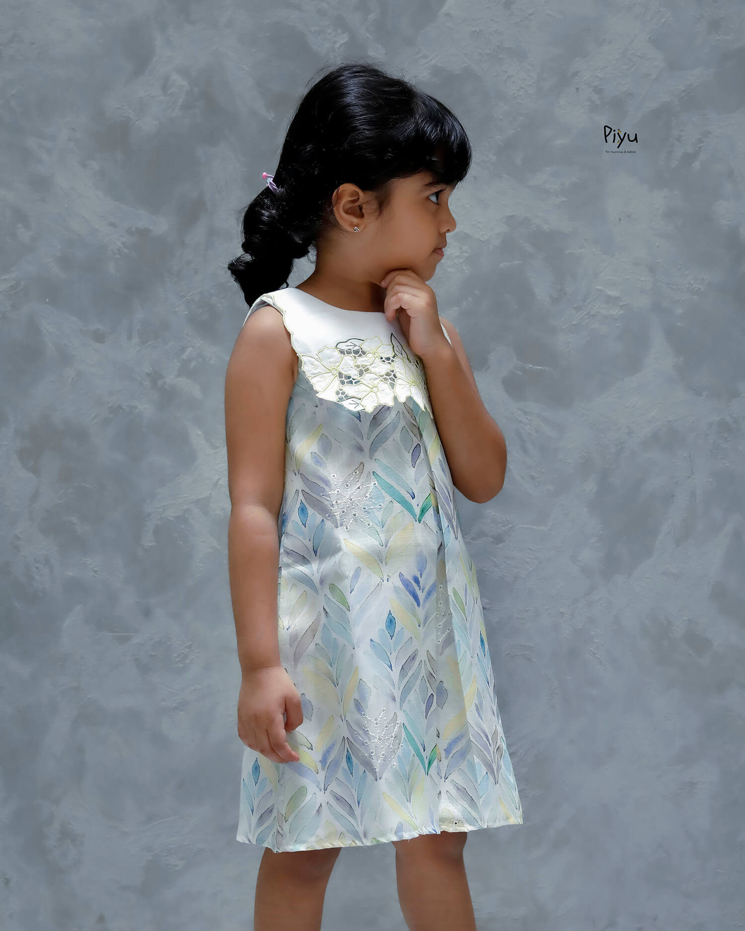 Linen Hakoba Frock: Scalloped Cutwork Box Pleat Dress-Yellow.