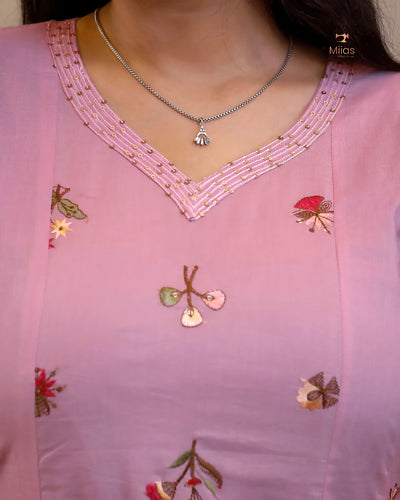 Pure Mul Cotton Kurti | Embroidered & Sequined Panels-Pink