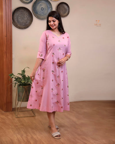 Pure Mul Cotton Kurti | Embroidered & Sequined Panels-Pink