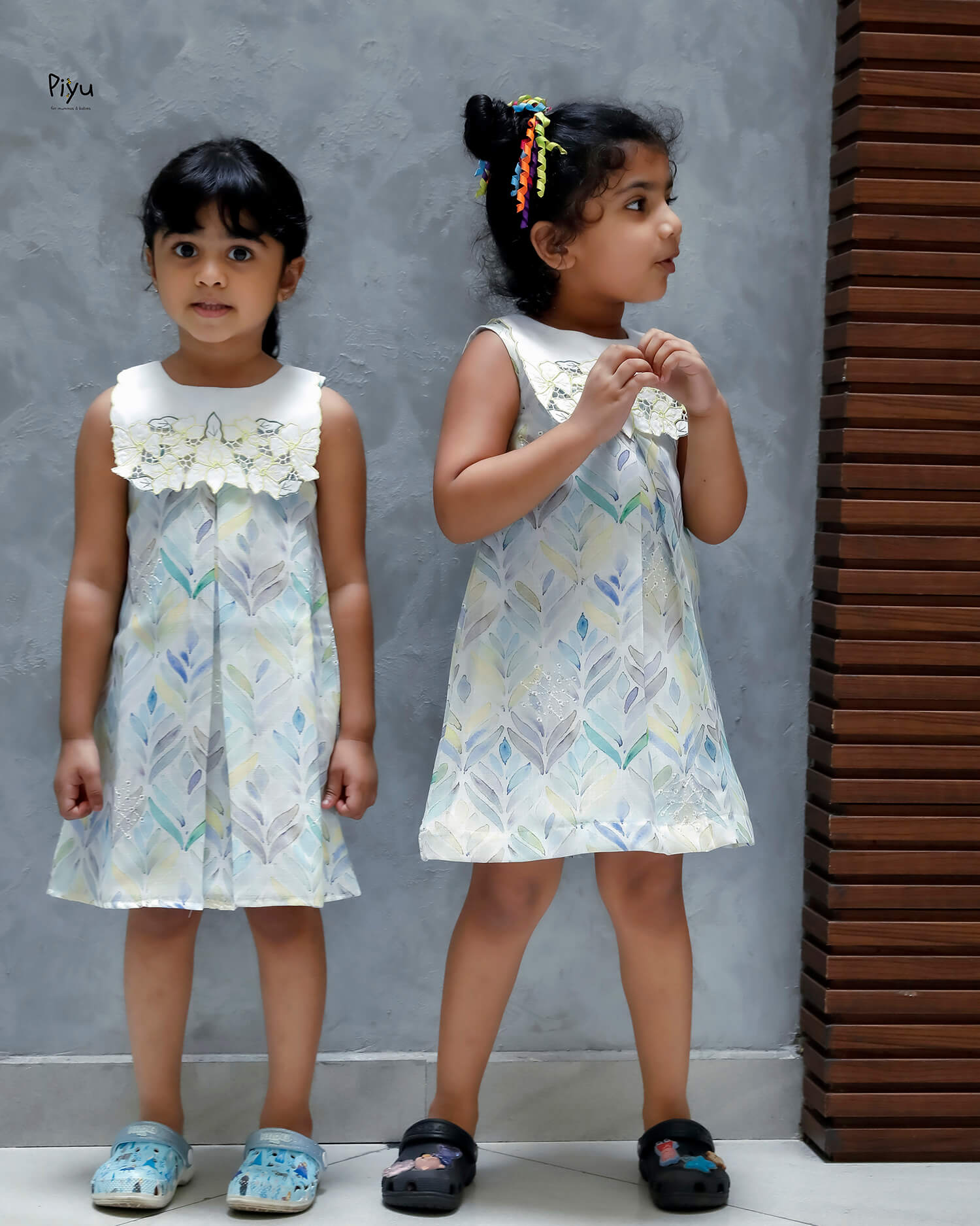 Linen Hakoba Frock: Scalloped Cutwork Box Pleat Dress-Yellow.