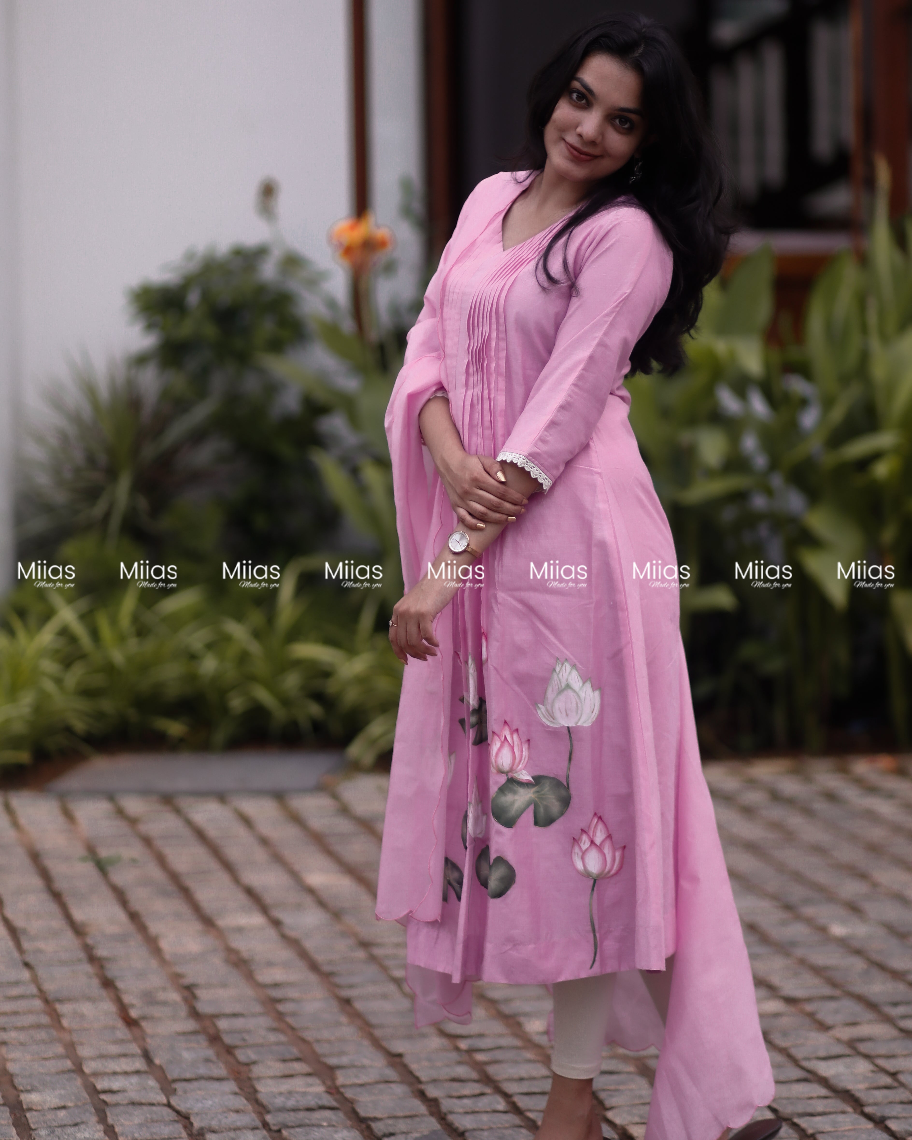 Mul Chanderi A-Line Kurti | Hand-Painted Lotus + Dupatta | Pink
