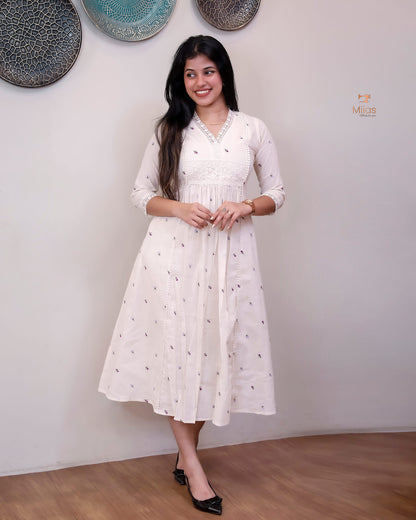 Embroidered Kora Cotton Kurti with Lace & Pleats-Off White.