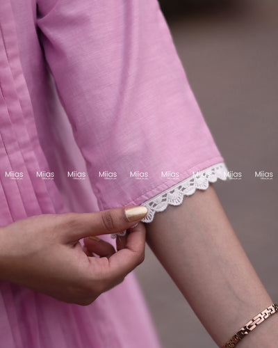 Mul Chanderi A-Line Kurti | Hand-Painted Lotus + Dupatta | Pink