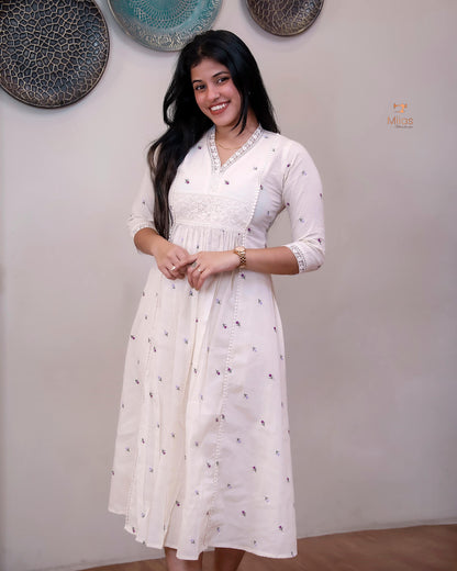 Embroidered Kora Cotton Kurti with Lace & Pleats-Off White.